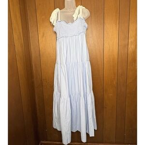 Lalavon Dress Women L Blue Tiered Tie Shoulder Smocked Cottagecore Fairy Prairie